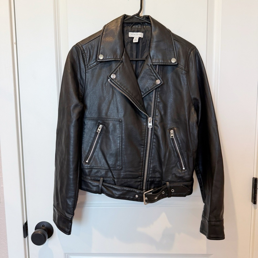 Topshop Womens Faux Leather Moto Jacket Size 8  Biker‎ Buckle Grunge